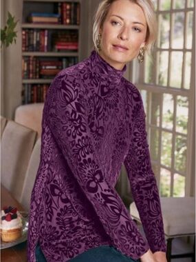 Soft Surroundings Pink Velvet Burnout Floral Mock Neck Long Sleeve Top Small
